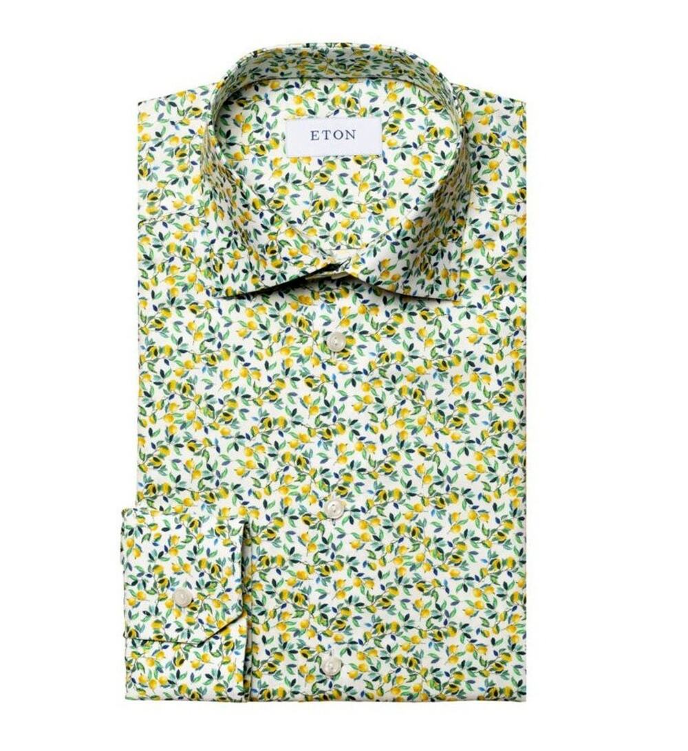$395 NWT Eton Slim-Fit Lemon Print Yellow 100% Cotton Dress Shirt Size 17.5